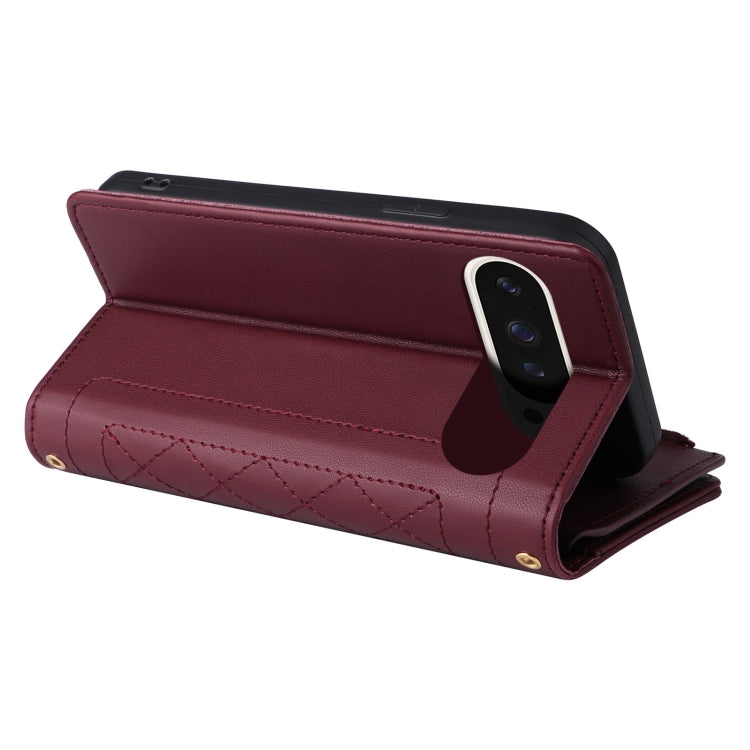 For Google Pixel 9 / 9 Pro Crossbody Zipper Wallet Rhombus Leather Phone Case(Wine Red) by buy2fix