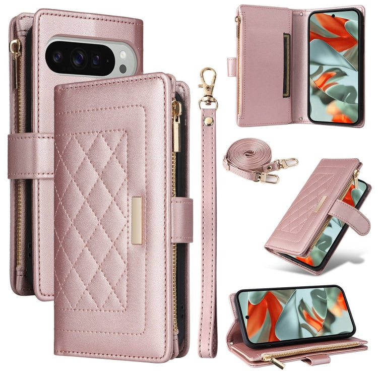For Google Pixel 9 Pro XL Crossbody Zipper Wallet Rhombus Leather Phone Case(Rose Gold) by buy2fix