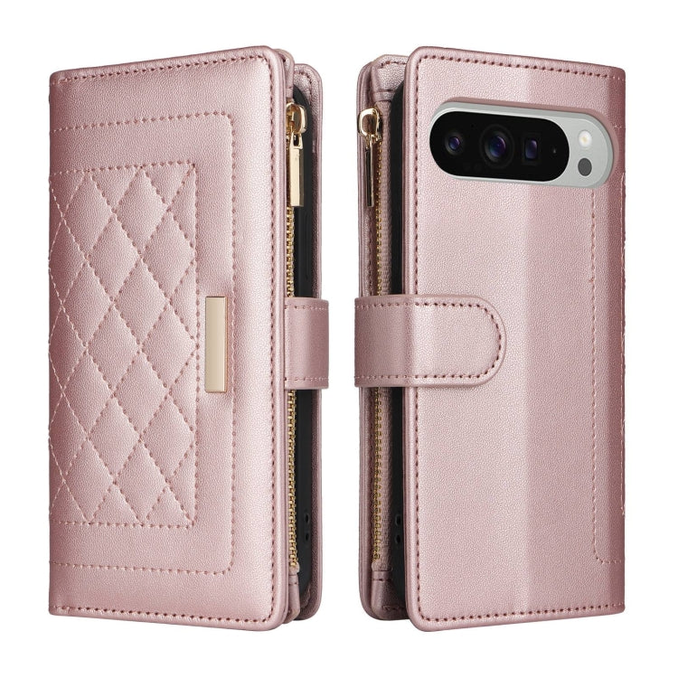 For Google Pixel 9 Pro XL Crossbody Zipper Wallet Rhombus Leather Phone Case(Rose Gold) by buy2fix