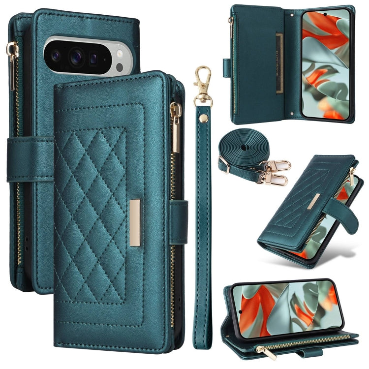 For Google Pixel 9 Pro XL Crossbody Zipper Wallet Rhombus Leather Phone Case(Green) by buy2fix