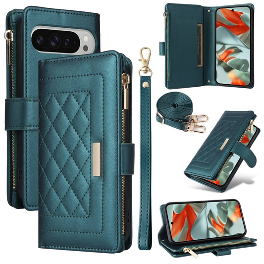 For Google Pixel 9 Pro XL Crossbody Zipper Wallet Rhombus Leather Phone Case(Green) by buy2fix