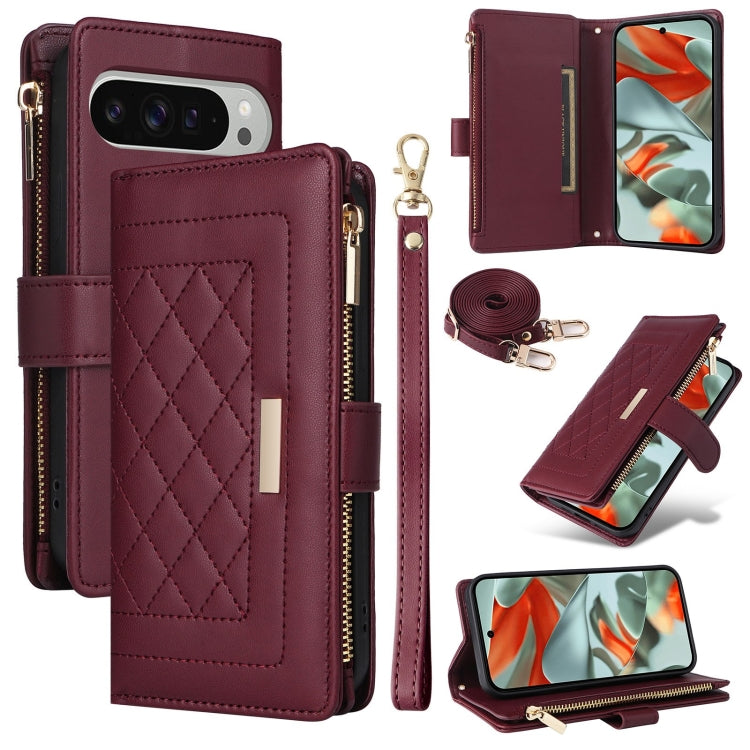For Google Pixel 9 Pro XL Crossbody Zipper Wallet Rhombus Leather Phone Case(Wine Red) by buy2fix