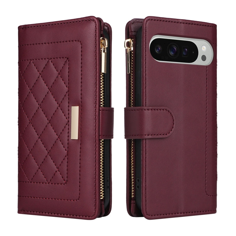 For Google Pixel 9 Pro XL Crossbody Zipper Wallet Rhombus Leather Phone Case(Wine Red) by buy2fix