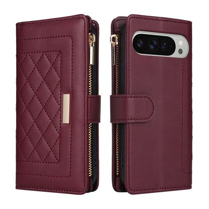 For Google Pixel 9 Pro XL Crossbody Zipper Wallet Rhombus Leather Phone Case(Wine Red) by buy2fix