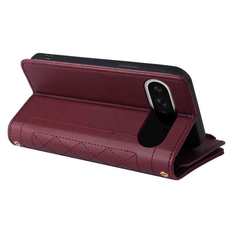 For Google Pixel 9 Pro XL Crossbody Zipper Wallet Rhombus Leather Phone Case(Wine Red) by buy2fix
