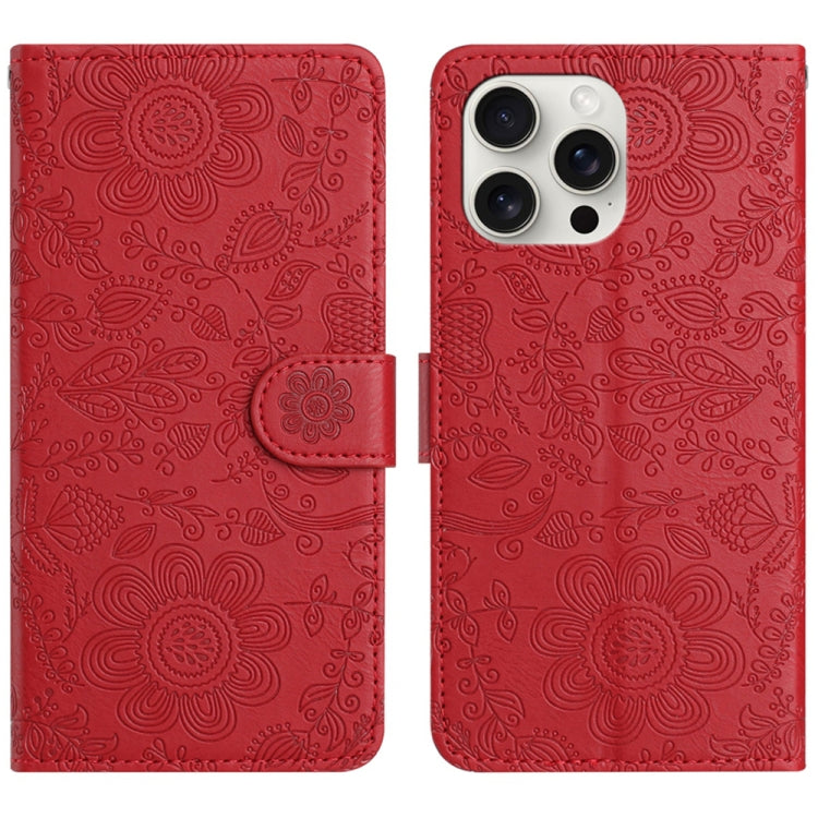 For iPhone 16 Pro Max Floral Embossed Pattern Leather Phone Case(Red) by buy2fix
