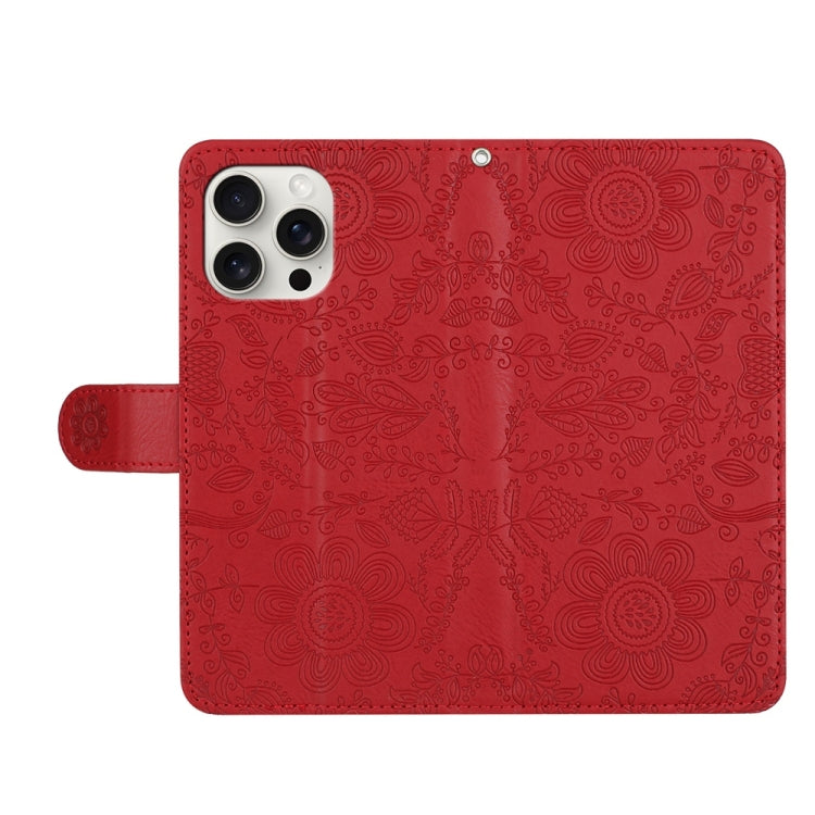 For iPhone 16 Pro Max Floral Embossed Pattern Leather Phone Case(Red) by buy2fix