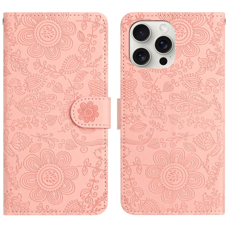 For iPhone 16 Pro Max Floral Embossed Pattern Leather Phone Case(Pink) by buy2fix
