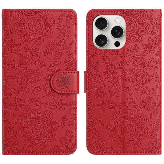 For iPhone 16 Pro Floral Embossed Pattern Leather Phone Case(Red) by buy2fix