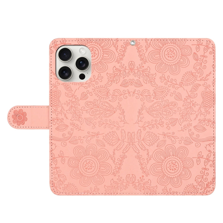 For iPhone 16 Pro Floral Embossed Pattern Leather Phone Case(Pink) by buy2fix