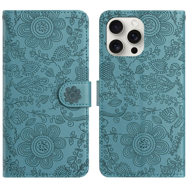 For iPhone 16 Pro Floral Embossed Pattern Leather Phone Case(Dark Green) by buy2fix