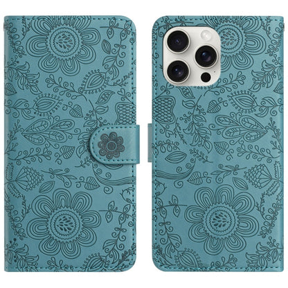 For iPhone 16 Pro Floral Embossed Pattern Leather Phone Case(Dark Green) by buy2fix