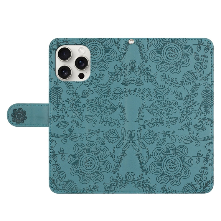 For iPhone 16 Pro Floral Embossed Pattern Leather Phone Case(Dark Green) by buy2fix
