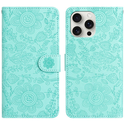 For iPhone 16 Pro Floral Embossed Pattern Leather Phone Case(Light Green) by buy2fix