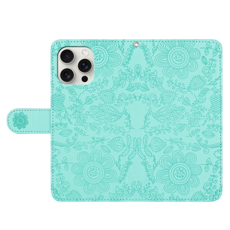 For iPhone 16 Pro Floral Embossed Pattern Leather Phone Case(Light Green) by buy2fix