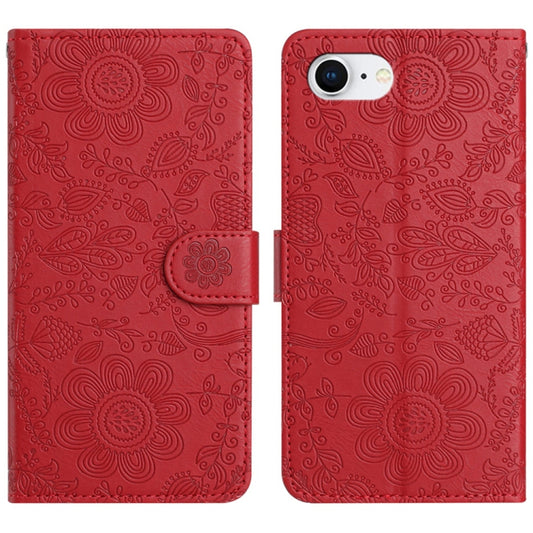 For iPhone 16e Floral Embossed Pattern Leather Phone Case(Red) by buy2fix