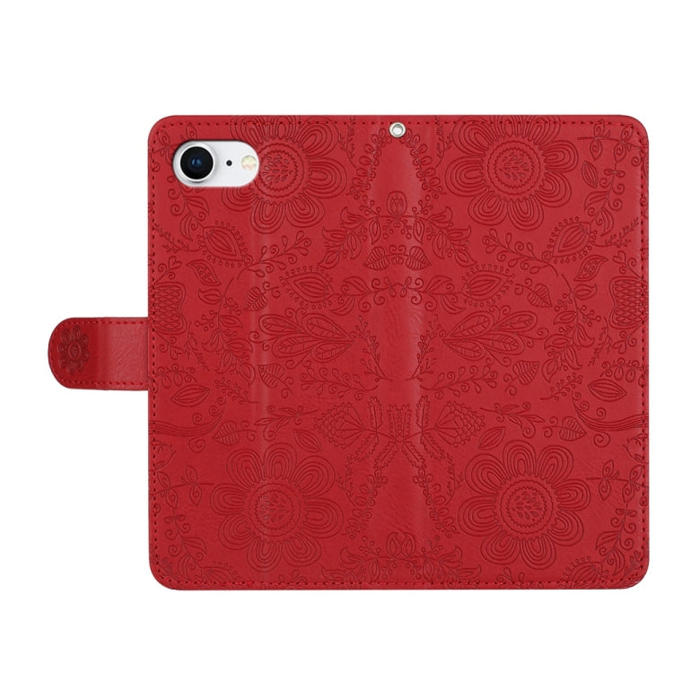 For iPhone 16e Floral Embossed Pattern Leather Phone Case(Red) by buy2fix
