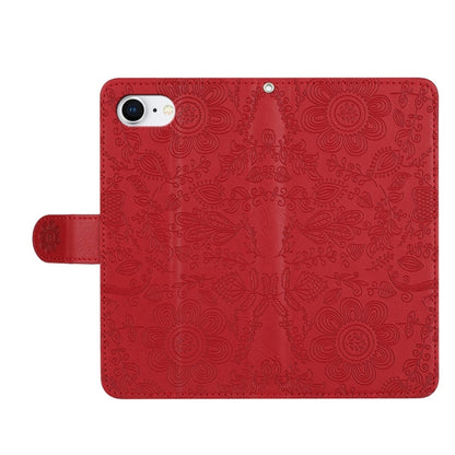 For iPhone 16e Floral Embossed Pattern Leather Phone Case(Red) by buy2fix