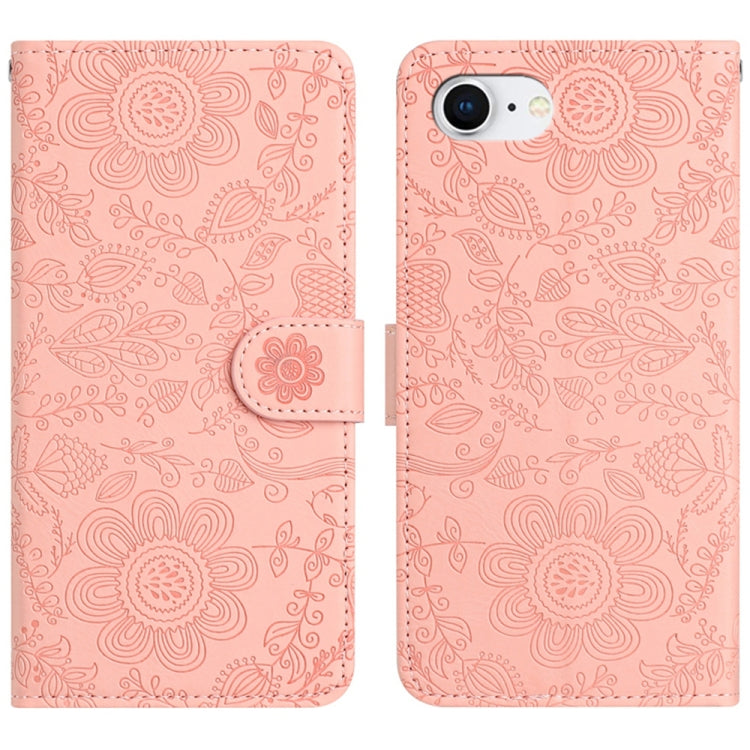 For iPhone 16e Floral Embossed Pattern Leather Phone Case(Pink) by buy2fix