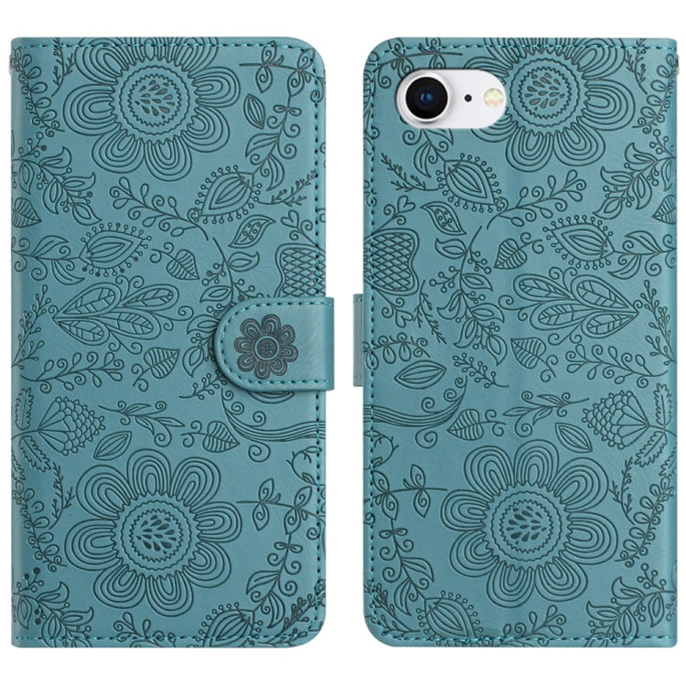 For iPhone 16e Floral Embossed Pattern Leather Phone Case(Dark Green) by buy2fix