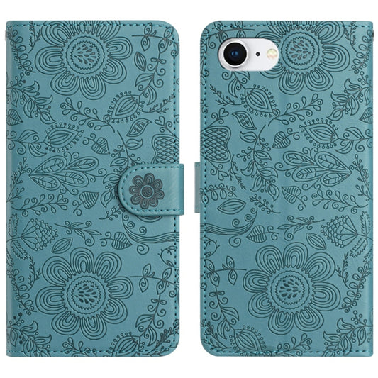 For iPhone 16e Floral Embossed Pattern Leather Phone Case(Dark Green) by buy2fix