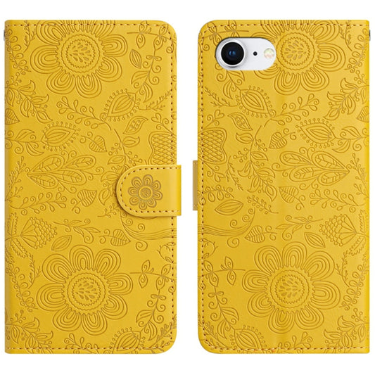 For iPhone 16e Floral Embossed Pattern Leather Phone Case(Yellow) by buy2fix