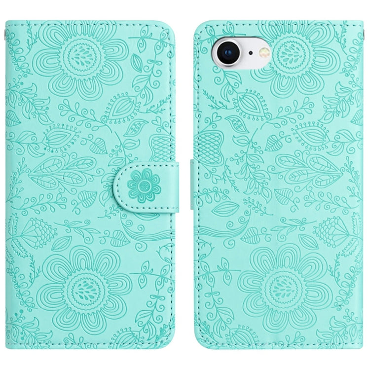 For iPhone 16e Floral Embossed Pattern Leather Phone Case(Light Green) by buy2fix