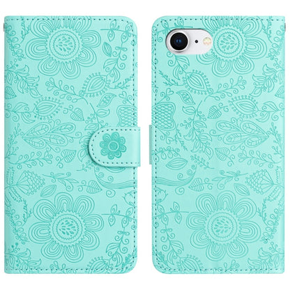 For iPhone 16e Floral Embossed Pattern Leather Phone Case(Light Green) by buy2fix