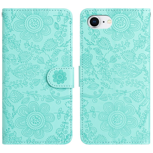 For iPhone 16e Floral Embossed Pattern Leather Phone Case(Light Green) by buy2fix