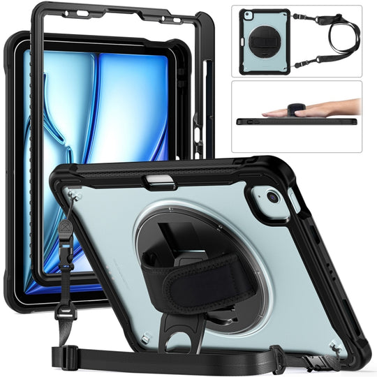 For iPad Air 11 2026 / 2025 / 2024 Heavy Duty Hybrid Tablet Case with Hand Grip & Strap(Black Transparent)