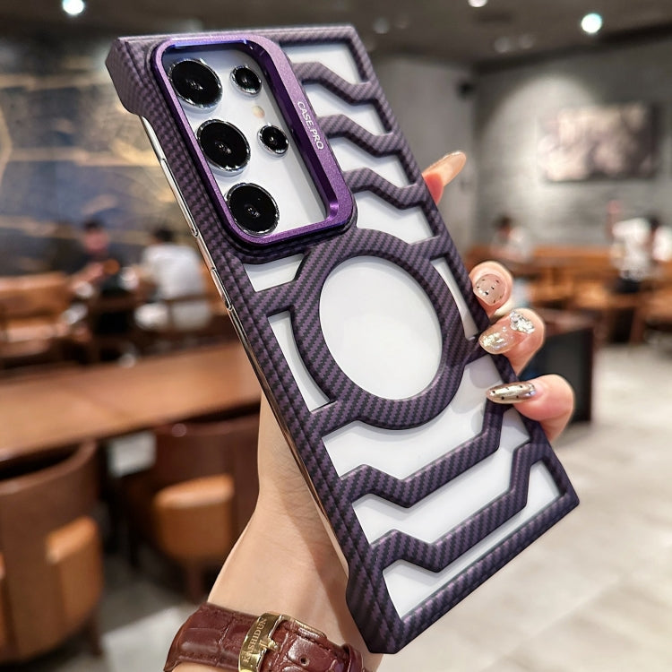 For Samsung Galaxy S24 Ultra 5G Borderless Carbon Fiber Lens Protection Bracket MagSafe Phone Case(Purple) - Galaxy S24 Ultra 5G Cases by buy2fix | Online Shopping UK | buy2fix
