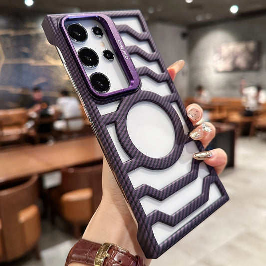 For Samsung Galaxy S24 Ultra 5G Borderless Carbon Fiber Lens Protection Bracket MagSafe Phone Case(Purple) - Galaxy S24 Ultra 5G Cases by buy2fix | Online Shopping UK | buy2fix