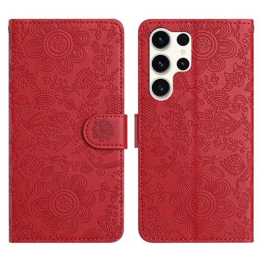 For Samsung Galaxy S25 Ultra 5G Floral Embossed Pattern Leather Phone Case(Red) by buy2fix