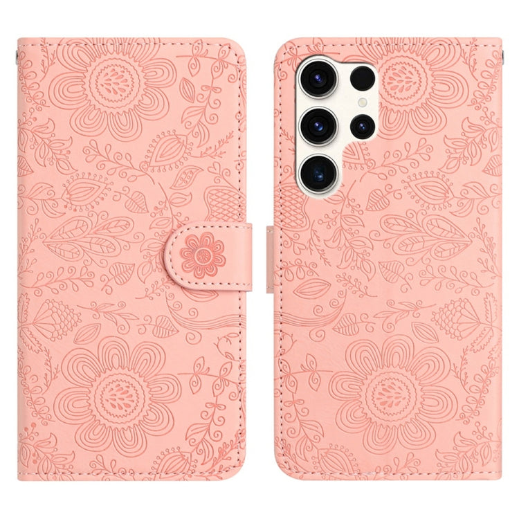 For Samsung Galaxy S25 Ultra 5G Floral Embossed Pattern Leather Phone Case(Pink) by buy2fix