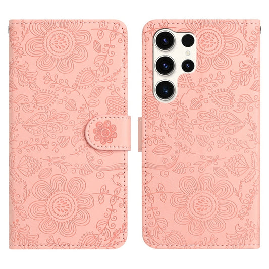 For Samsung Galaxy S25 Ultra 5G Floral Embossed Pattern Leather Phone Case(Pink) by buy2fix