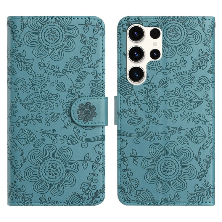 For Samsung Galaxy S25 Ultra 5G Floral Embossed Pattern Leather Phone Case(Dark Green) by buy2fix