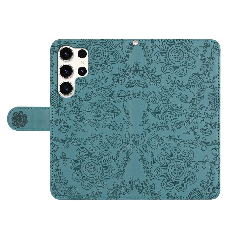 For Samsung Galaxy S25 Ultra 5G Floral Embossed Pattern Leather Phone Case(Dark Green) by buy2fix