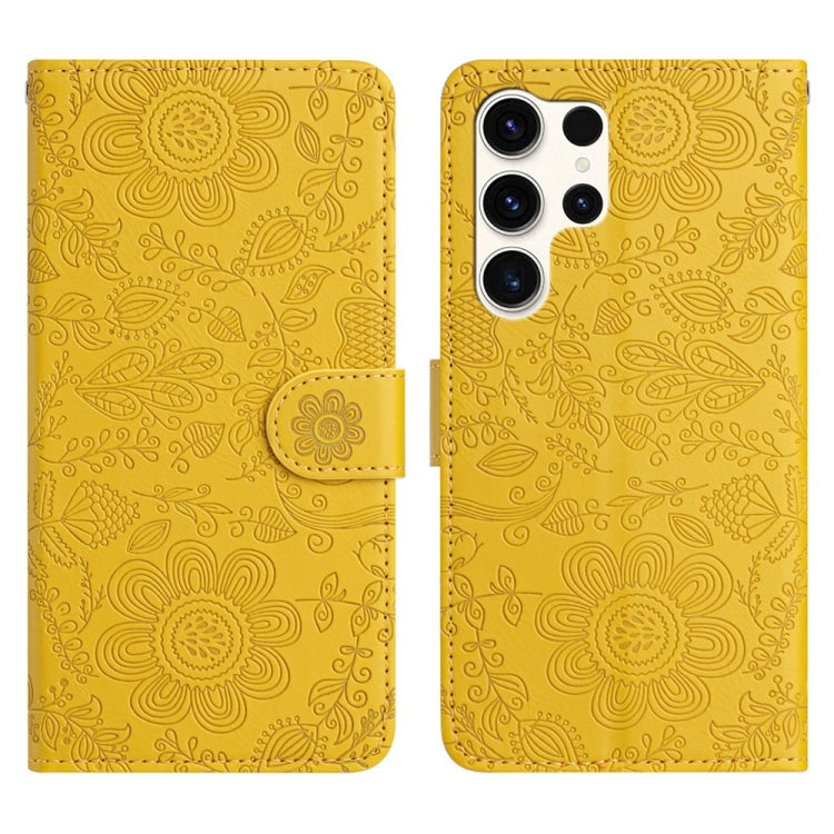 For Samsung Galaxy S25 Ultra 5G Floral Embossed Pattern Leather Phone Case(Yellow) by buy2fix