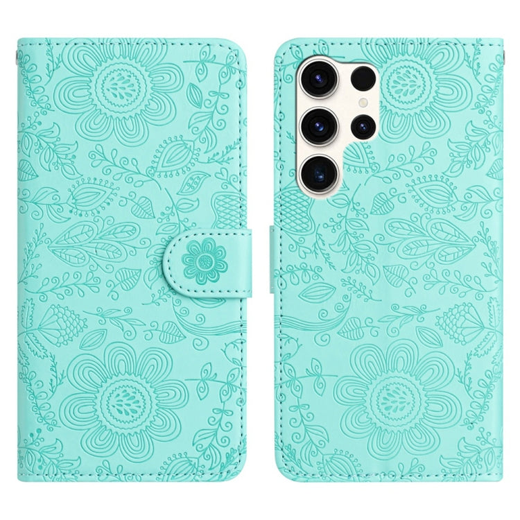 For Samsung Galaxy S25 Ultra 5G Floral Embossed Pattern Leather Phone Case(Light Green) by buy2fix