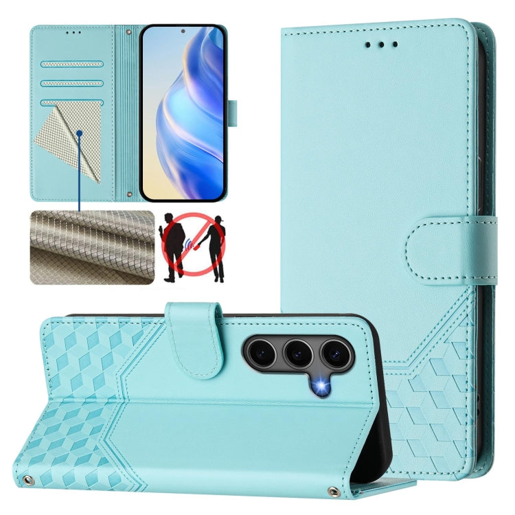 For Samsung Galaxy S25 5G Honeycomb Embossing RFID Leather Phone Case(Mint Green) by buy2fix