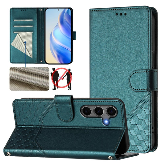 For Samsung Galaxy S25 5G Honeycomb Embossing RFID Leather Phone Case(Peacock Green) by buy2fix