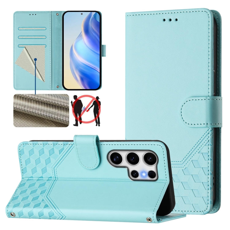 For Samsung Galaxy S25 Ultra 5G Honeycomb Embossing RFID Leather Phone Case(Mint Green) by buy2fix