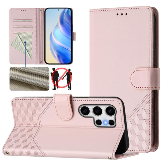 For Samsung Galaxy S25 Ultra 5G Honeycomb Embossing RFID Leather Phone Case(Pink) by buy2fix