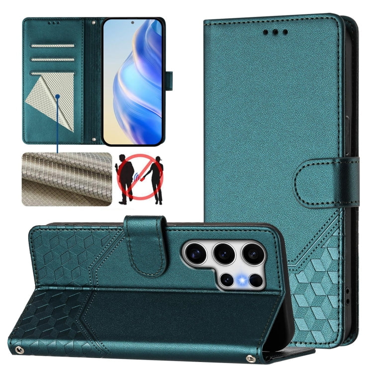For Samsung Galaxy S25 Ultra 5G Honeycomb Embossing RFID Leather Phone Case(Peacock Green) by buy2fix
