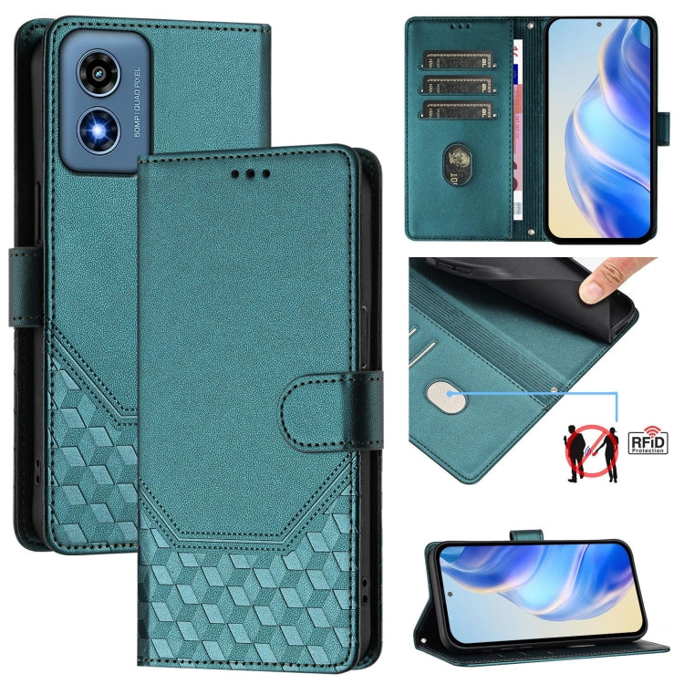 For Motorola Moto G Play 4G 2024 Oversea Honeycomb Embossing RFID Leather Phone Case(Peacock Green) by buy2fix