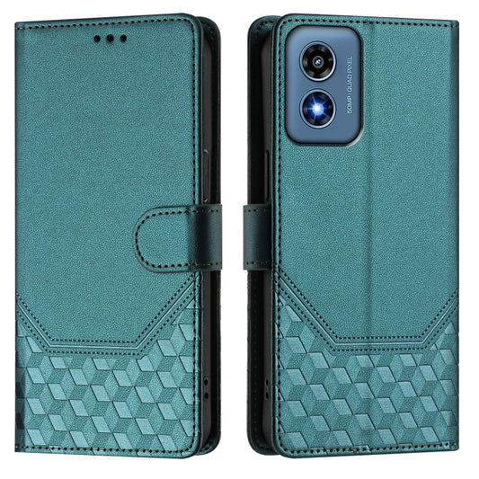 For Motorola Moto G Play 4G 2024 Oversea Honeycomb Embossing RFID Leather Phone Case(Peacock Green) by buy2fix