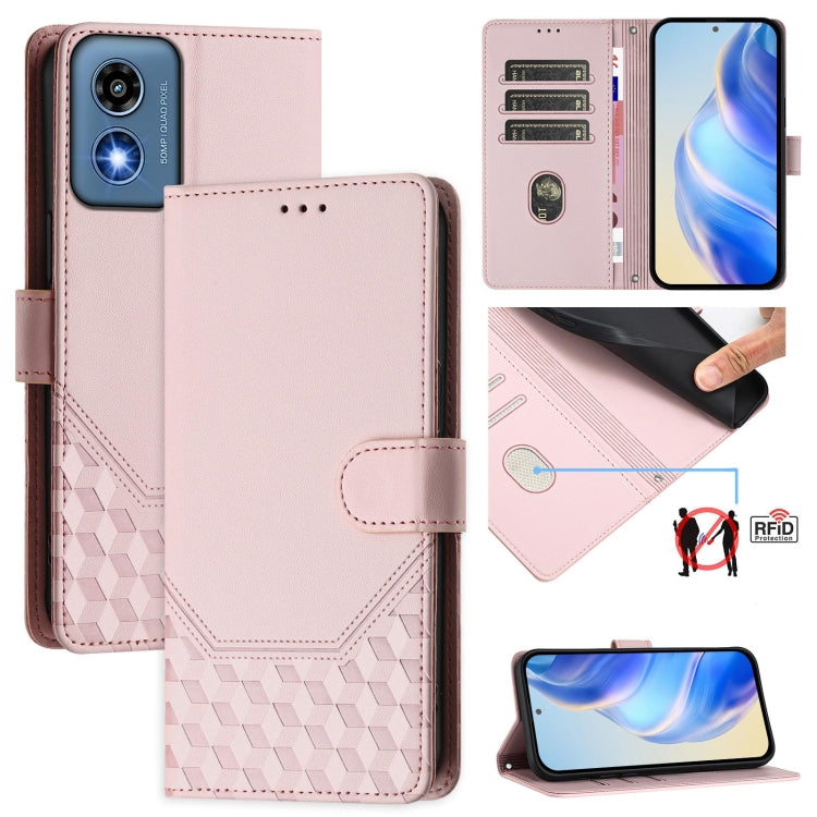 For Motorola Moto G Play 5G 2024 Oversea Honeycomb Embossing RFID Leather Phone Case(Pink) by buy2fix