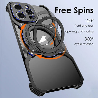 For iPhone 16 Pro Max Mechanical Arm Borderless MagSafe Holder Metal Phone Case(Black Silver) by buy2fix