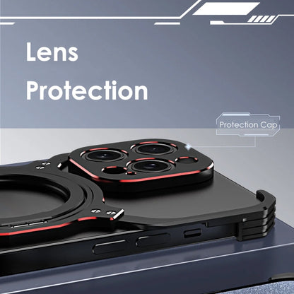 For iPhone 16 Pro Mechanical Arm Borderless MagSafe Holder Metal Phone Case(Black Purple) by buy2fix