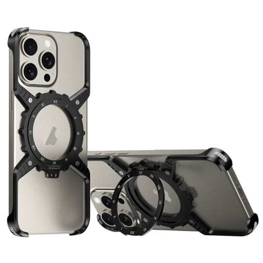 For iPhone 16 Pro Max Mechanical Gear MagSafe Holder Borderless Metal Phone Case(Black)